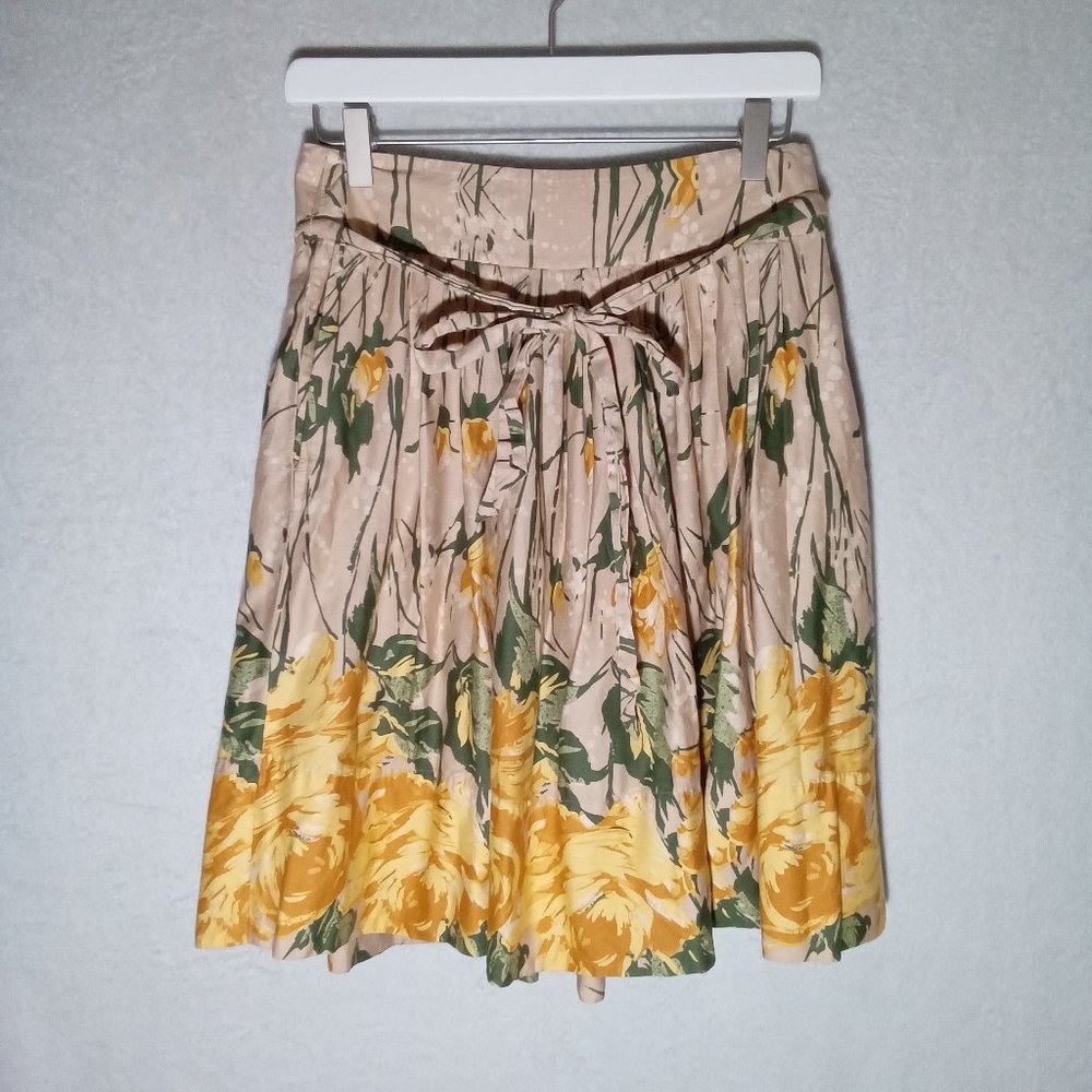 ANN TAYLOR LOFT FLORAL PLEATED A LINE Skirt Belt Pockets Yellow Cotton Size 2